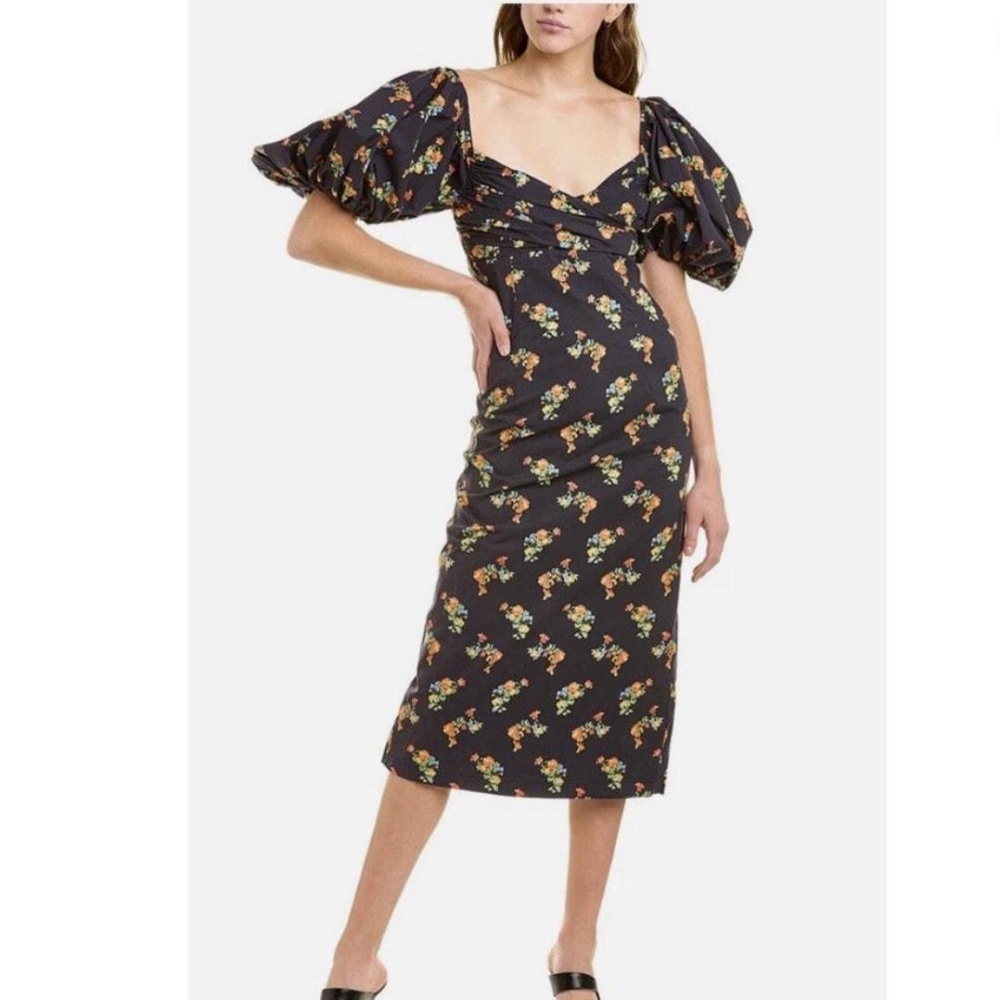 Designer Carolina Constas Floral Midi Dress – Romantic Puff Sleeve Statement - Picture 2 of 9